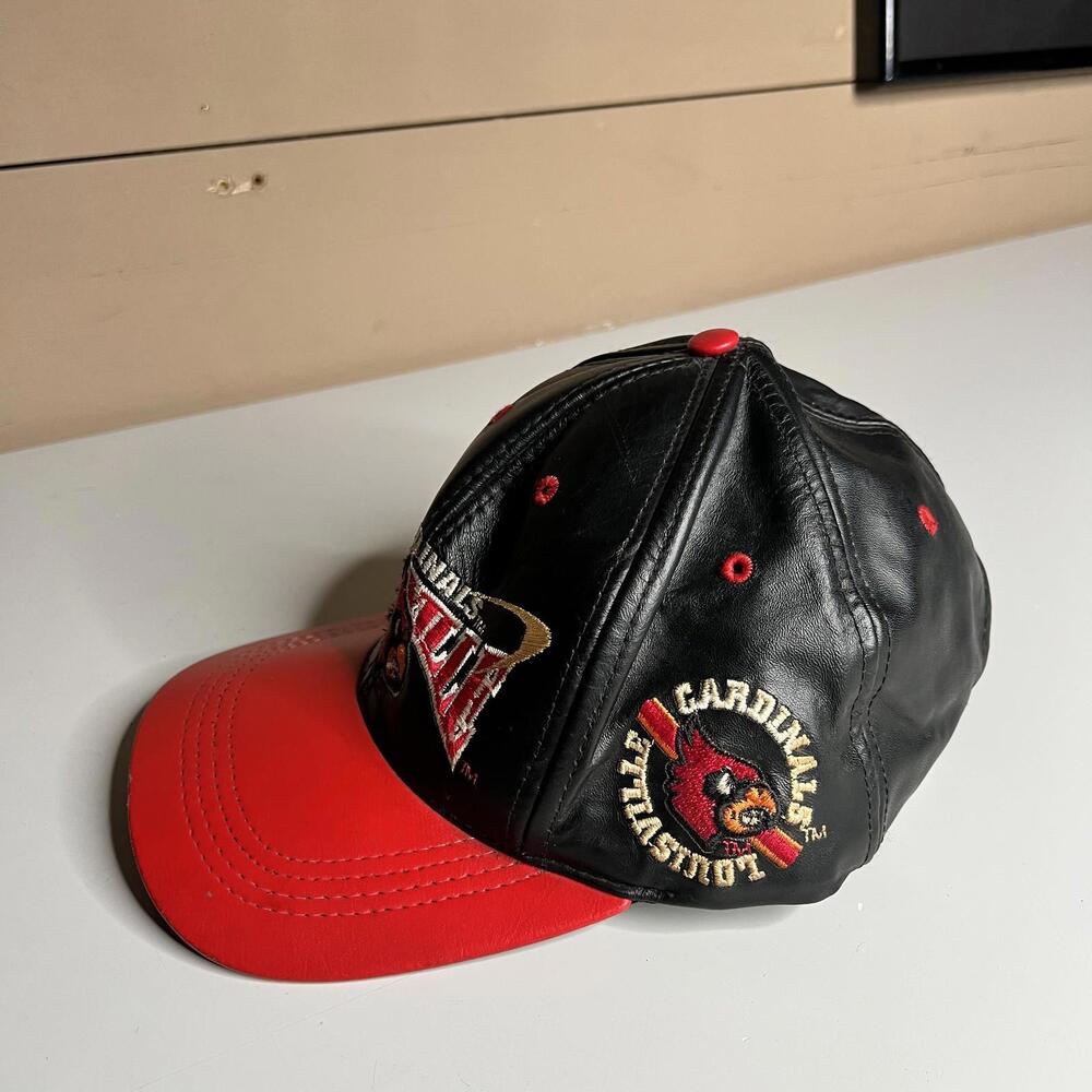 Vintage Louisville Cardinals Hat Cap Strap Back Mens One Size Black Leather NCAA - Picture 3 of 7